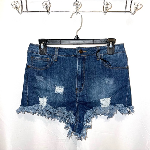 Fashion Nova Pants - Montana Jeans Medium Wash Distressed Frayed Raw Hem Mid Rise Denim Shorts